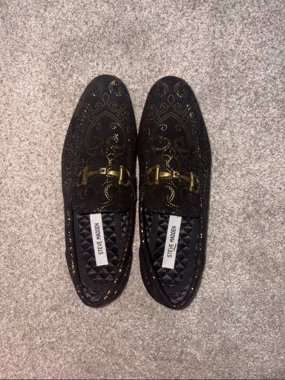 Steve Madden Black Loafers with Gold Studded Swirl Detail